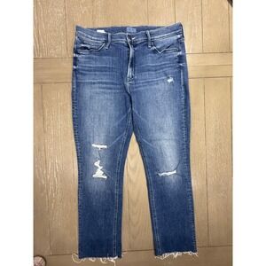 Mother The Mid Rise Dazzler Ankle Fray Jeans Womens 31 Blue Distressed Straight